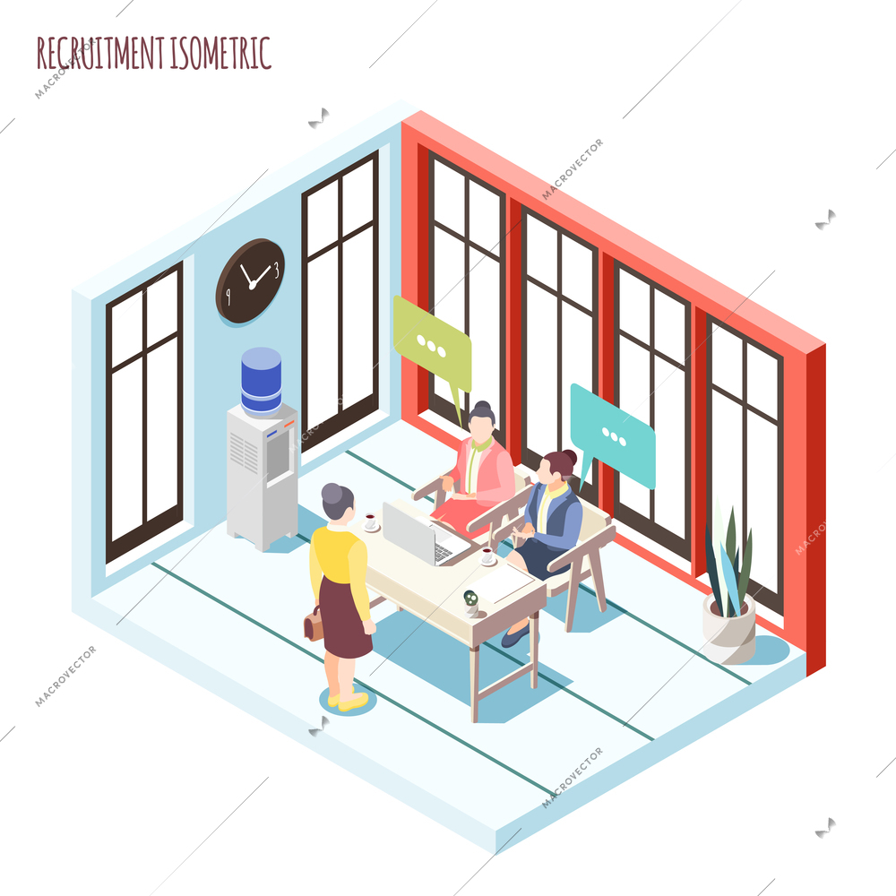 Employment and recruitment isometric composition with two hr managers discussing professional skills of applicant vector illustration