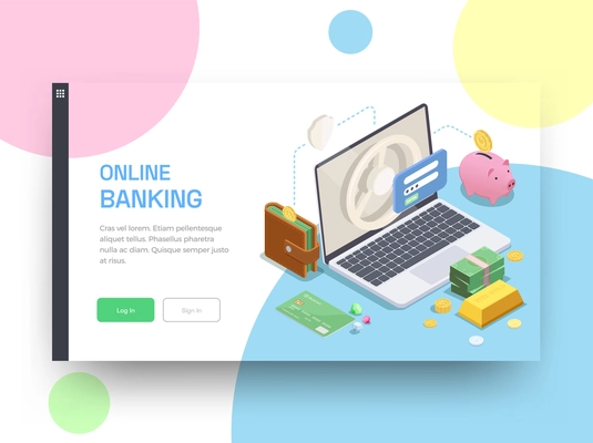 Banking financial isometric landing page design background with clickable buttons editable text and account-related images vector illustration