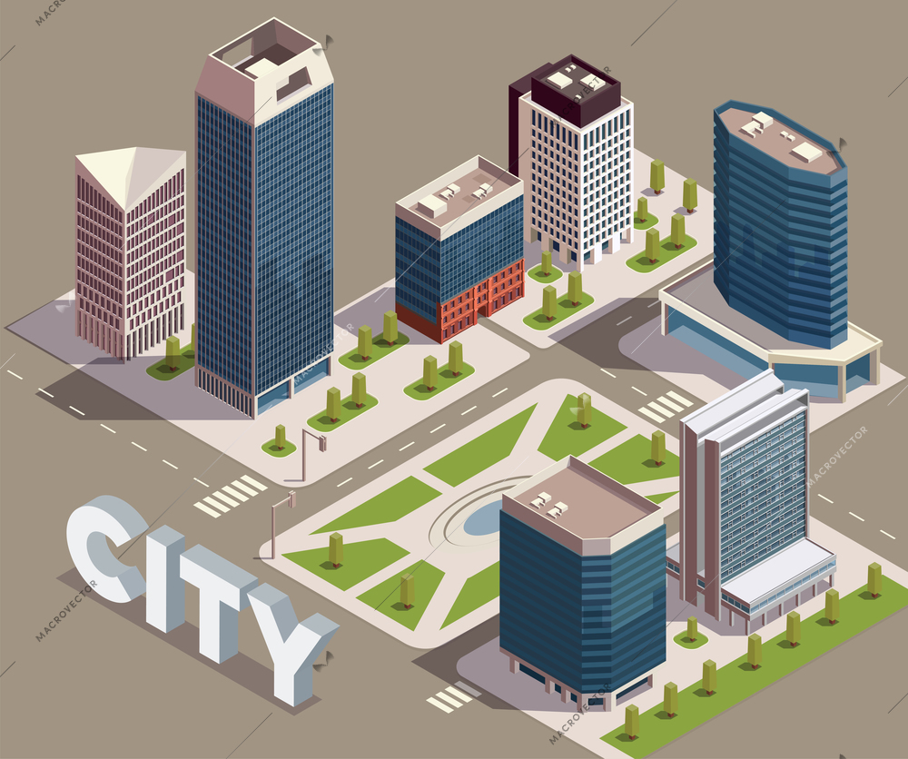 City skyscrapers isometric composition with view of city block with modern tall buildings streets and text vector illustration