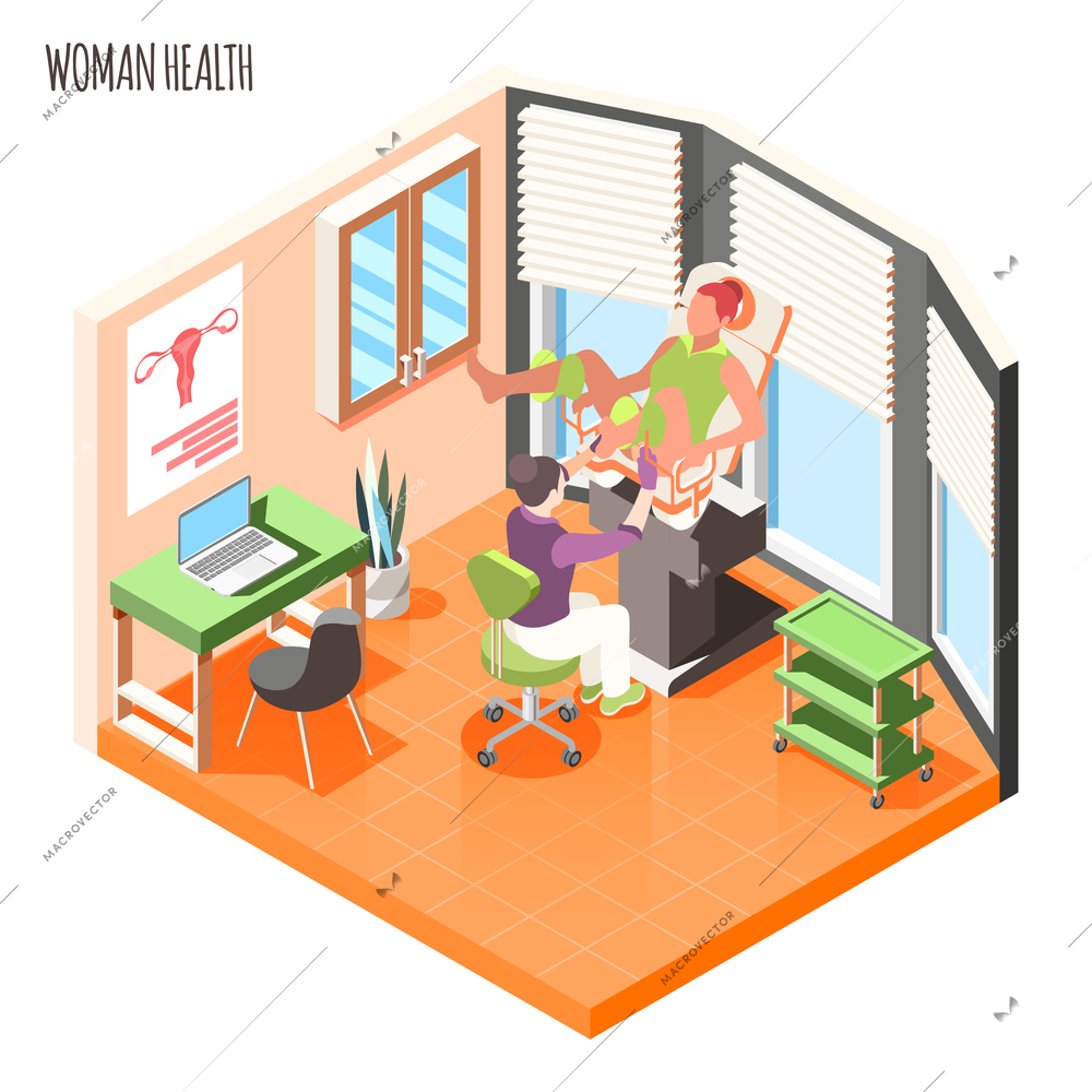 Women health isometric composition with doctor examines female patient in gynecological chair vector illustration