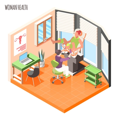 Women health isometric composition with doctor examines female patient in gynecological chair vector illustration