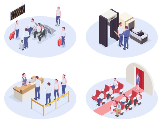 Set of four airport isometric compositions with lounge registration desk security check and inboard interior images vector illustration