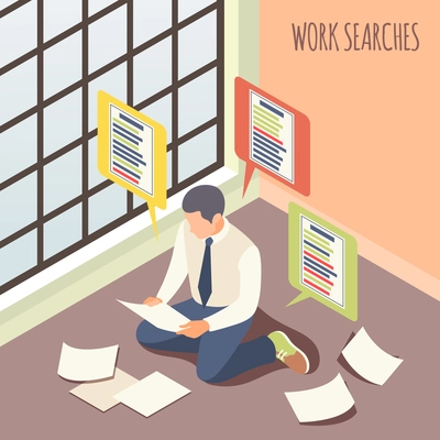 Work searches isometric background with male person considering job vacancies sitting on floor vector illustration