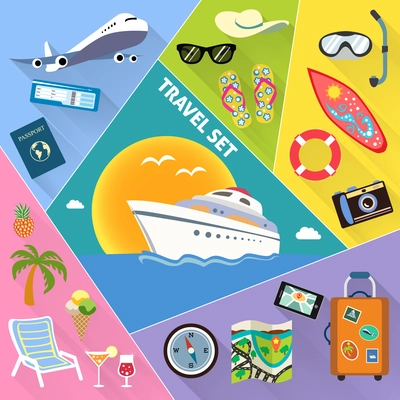 Travel tourism holiday cruise vacation flat decorative icons set isolated vector illustration.