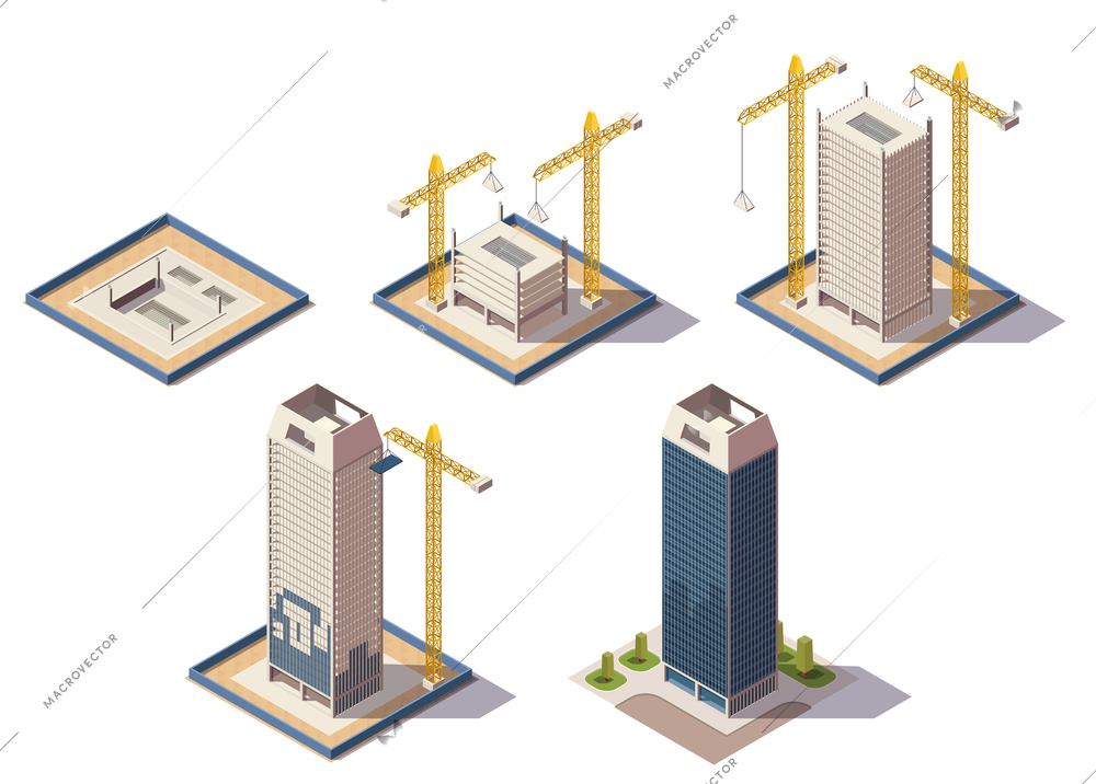 City skyscrapers isometric composition with isolated images of construction site representing different stages of construction process vector illustration