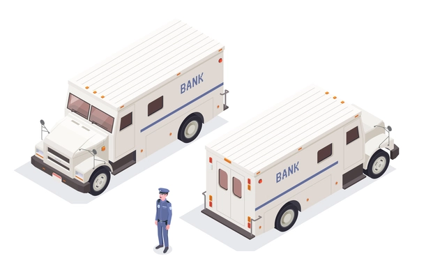 Banking financial isometric composition with isolated images of bank cash-in-transit vans on blank background vector illustration