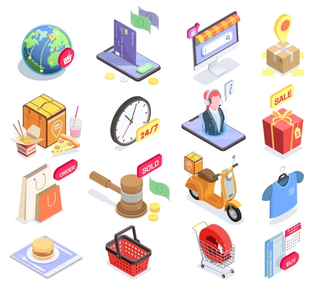 Set of isolated shopping e-commerce isometric icons and conceptual images with pictograms and sale symbols vector illustration