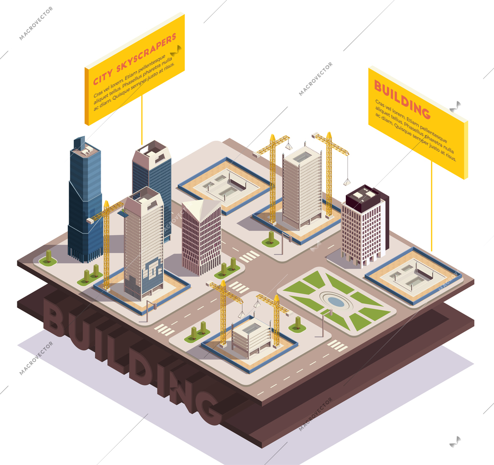 City skyscrapers isometric composition with images of sliced ground layers with modern tall buildings under construction vector illustration