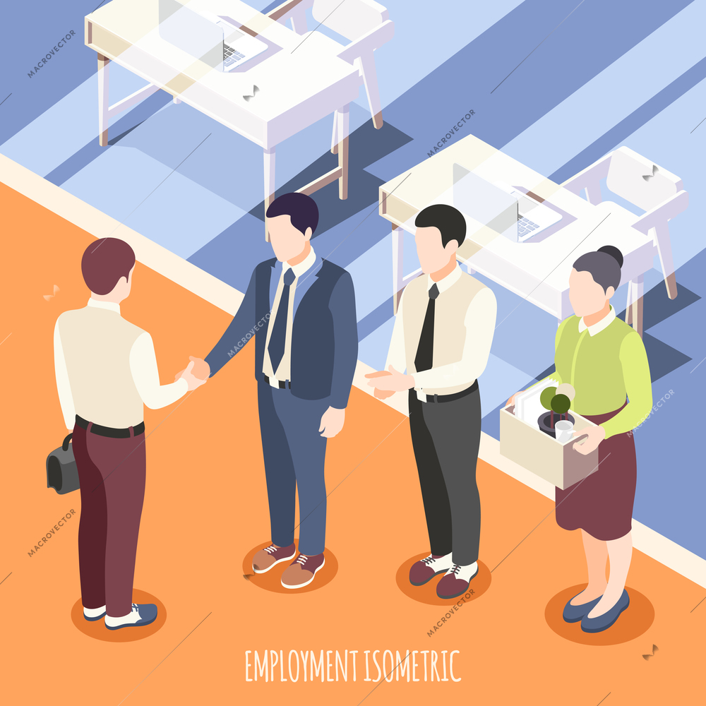 Employment isometric background with staff meeting new employee in office interior vector illustration