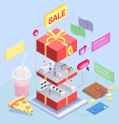 Shopping e-commerce isometric concept with image of sliced gift box with human characters and goods vector illustration