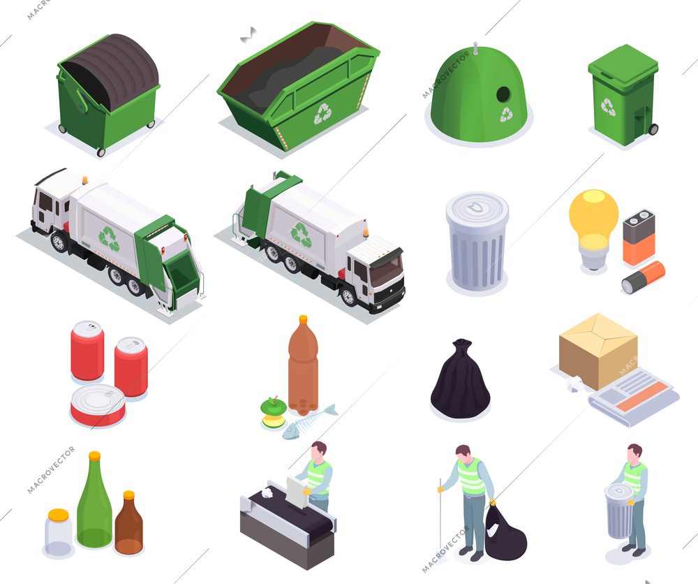 Set of sixteen garbage waste recycling isometric icons with human characters of scavengers and rubbish bins vector illustration