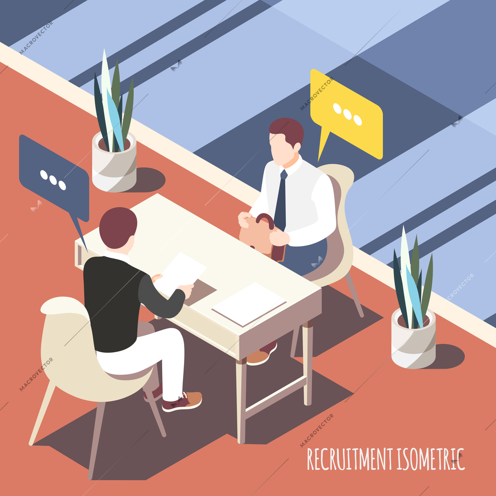 Recruiting  interview isometric background with applicant and employer looking into resume sheet vector illustration