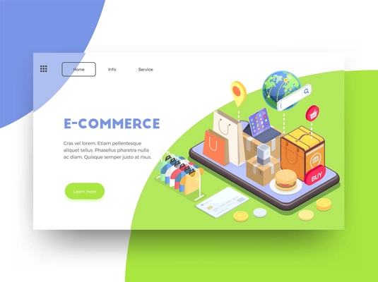 Shopping e-commerce isometric landing page website design background with text images clickable links and buttons vector illustration