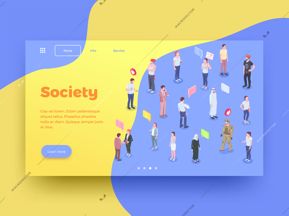 Society people isometric website page design background with human characters thought bubbles icons and clickable buttons vector illustration