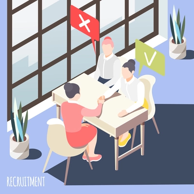 Recruitment isometric background with manager making choice of two applicants when applying for job vector illustration