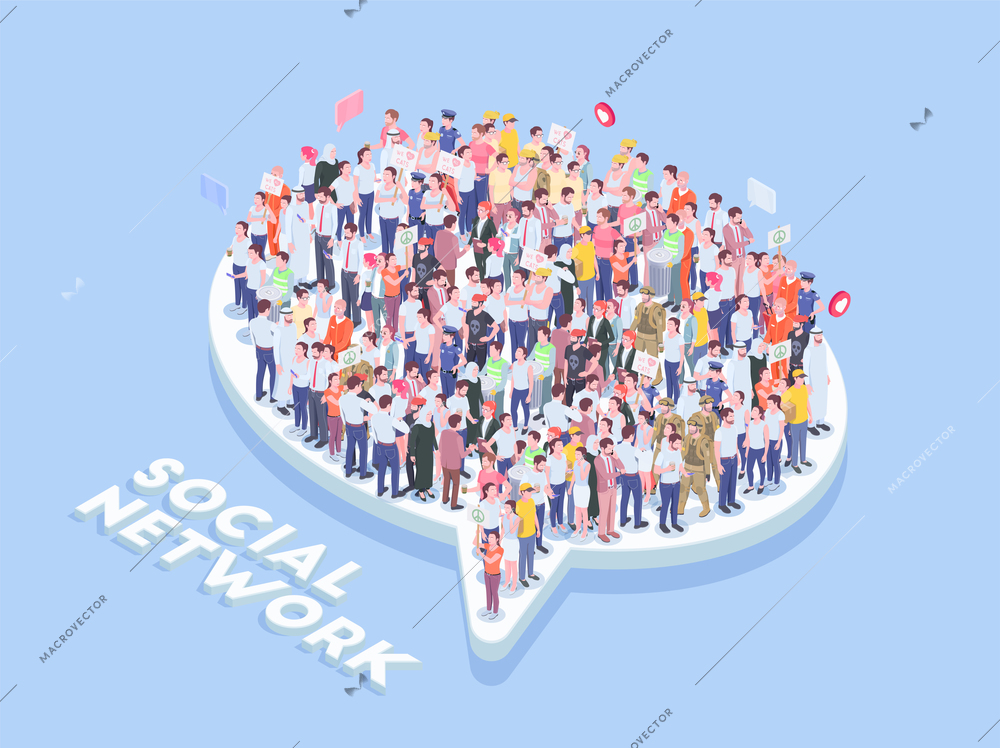 Society people isometric background with text and thought bubble icon with lots of realistic human characters vector illustration