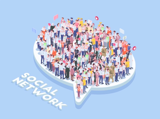 Society people isometric background with text and thought bubble icon with lots of realistic human characters vector illustration