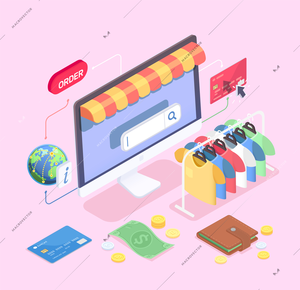 Shopping e-commerce isometric concept with composition of desktop computer clothes rail cash and credit cards vector illustration