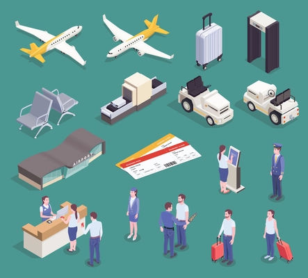 Airport isometric set with isolated images of buildings vehicles appliances and characters of passengers and crew vector illustration