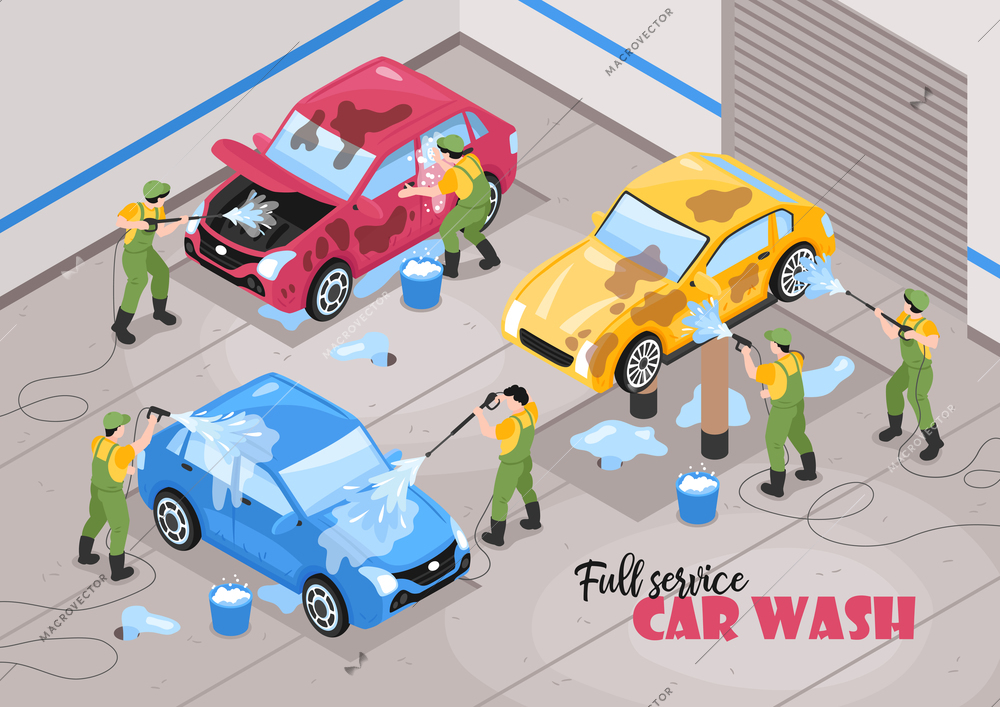 Isometric car wash services background composition with editable text and human characters of workers with cars vector illustration