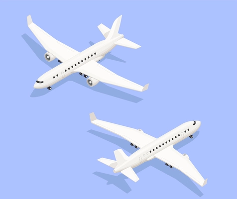 Airport isometric composition with isolated images of jet propelled aircraft from two different angles with shadows vector illustration