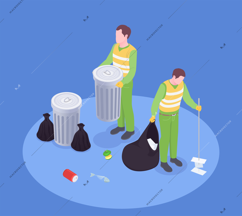Garbage waste recycling isometric composition with faceless human characters of scavengers with rubbish bins and brush vector illustration