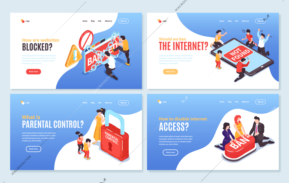 Set of four isolated isometric banned website horizontal banners with editable text clickable links and images vector illustration