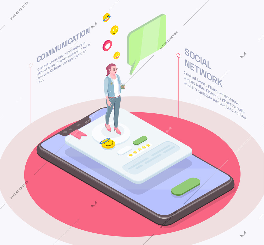 Society people isometric composition with woman character on top of smartphone with pictogram icons and text vector illustration