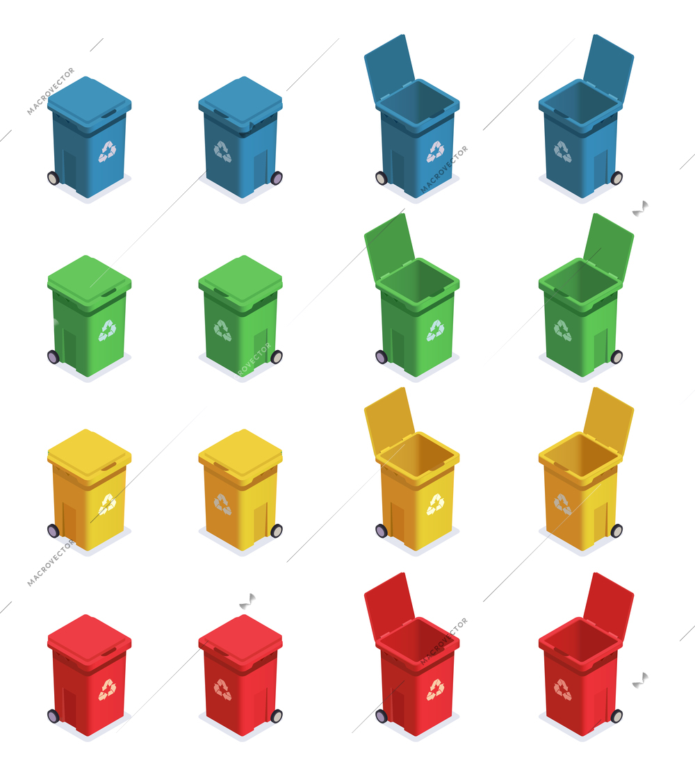 Garbage waste recycling isometric set with sixteen isolated images of rubbish bins with different colour code vector illustration