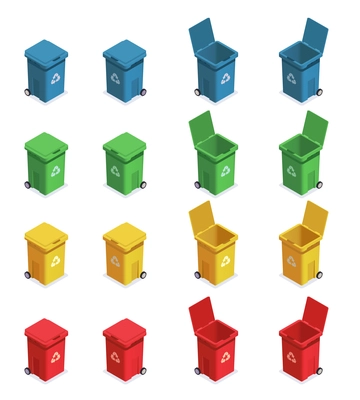 Garbage waste recycling isometric set with sixteen isolated images of rubbish bins with different colour code vector illustration