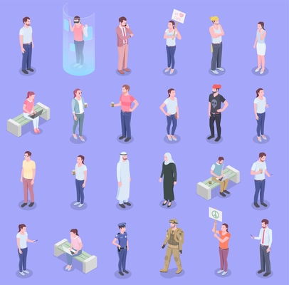 Society people isometric set with isolated human characters of people representing different population groups with shadows vector illustration