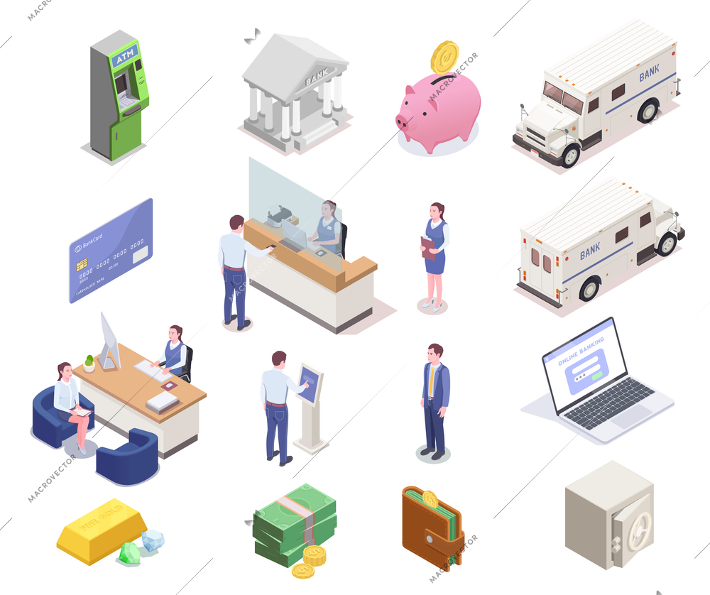 Banking financial isometric icons collection with sixteen isolated images of bank clerks clients money and vehicles vector illustration