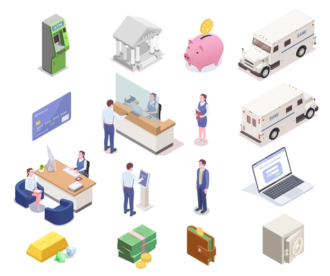 Banking financial isometric icons collection with sixteen isolated images of bank clerks clients money and vehicles vector illustration