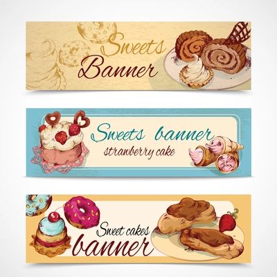 Food sweets bakery and pastry sketch colored banners set isolated vector illustration