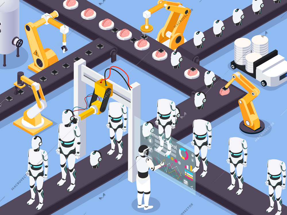 Steampunk isometric machine concept with view of industrial assembly line machinery and robot trunks with manipulators vector illustration