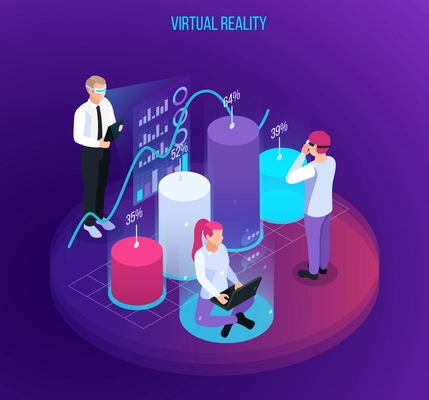 Virtual augmented reality 360 degree isometric composition with infographic objects digits and symbols with human characters vector illustration