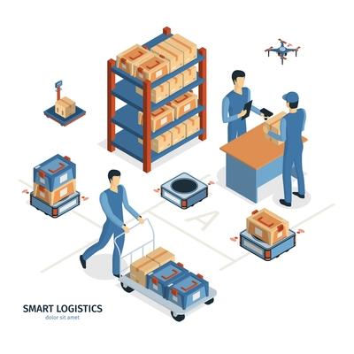Isometric logistics delivery background composition with images of shelves parcel boxes and human characters of workers vector illustration