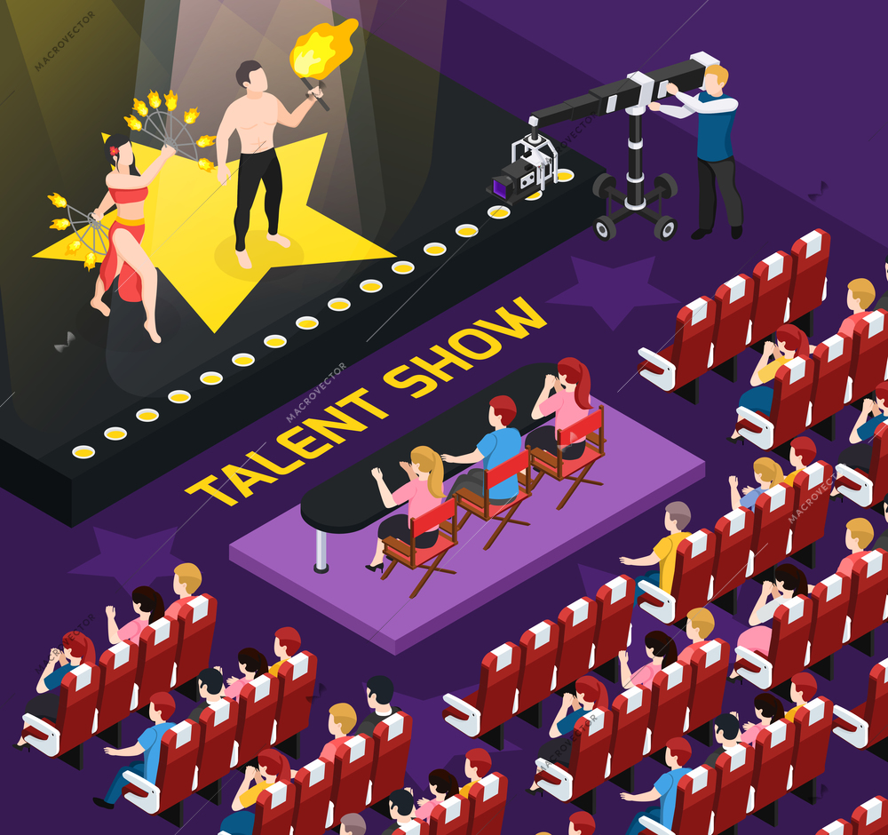 Street artist isometric people composition with view of auditorium during talent show shooting with human characters vector illustration