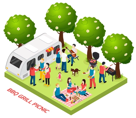 Bbq grill picnic isometric composition with outdoor scenery trees and living trailer with  friends basket lunch vector illustration