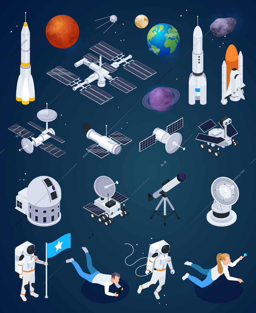 Set of isolated space exploration images with realistic rockets artificial satellites and planets with human characters vector illustration