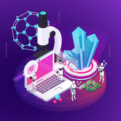 Robot isometric professions conceptual composition with little figures of androids and images of growing crystals molecule vector illustration