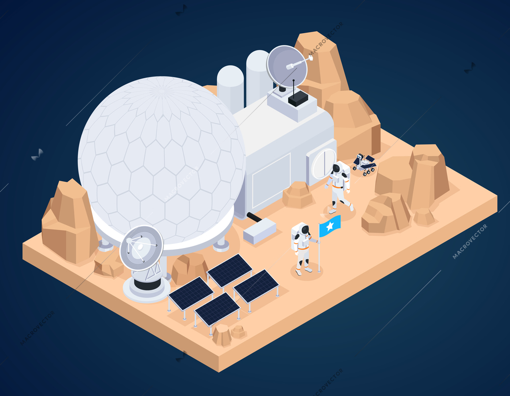 Space exploration isometric composition with piece of extraterrestrial terrain and man made buildings with astronaut characters vector illustration