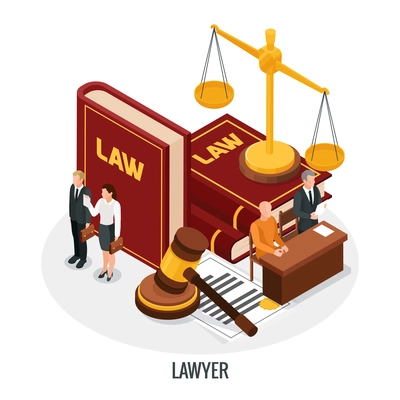 Law justice icons isometric composition with small people characters books of law gavel and golden weight vector illustration