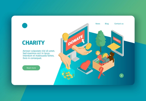 Isometric charity concept banner with clickable links text and conceptual images of donations and electronic gadgets vector illustration