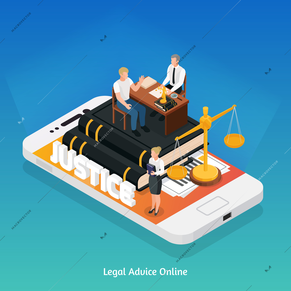 Law justice icons isometric composition concept with smartphone and justice symbols on top of its screen vector illustration