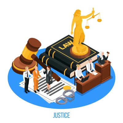 Law justice isometric composition with golden figurine of themis upon book of law with human characters vector illustration