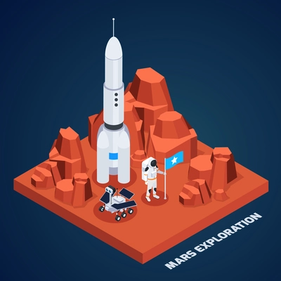 Space exploration isometric composition with piece of martian terrain with rocket astronaut and rover with text vector illustration