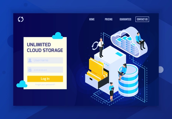 Cloud services isometric landing page website design background with login prompt clickable links and conceptual images vector illustration