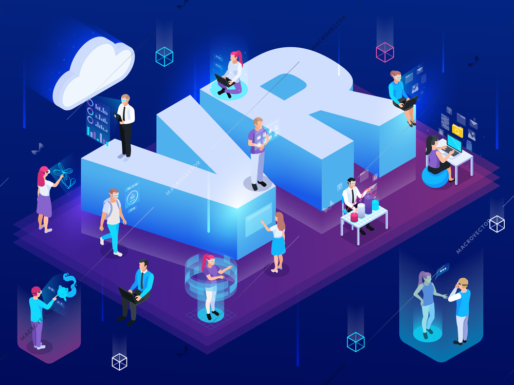 Virtual augmented reality 360 degree isometric composition of people with hi-tech pictogram icons and text vector illustration