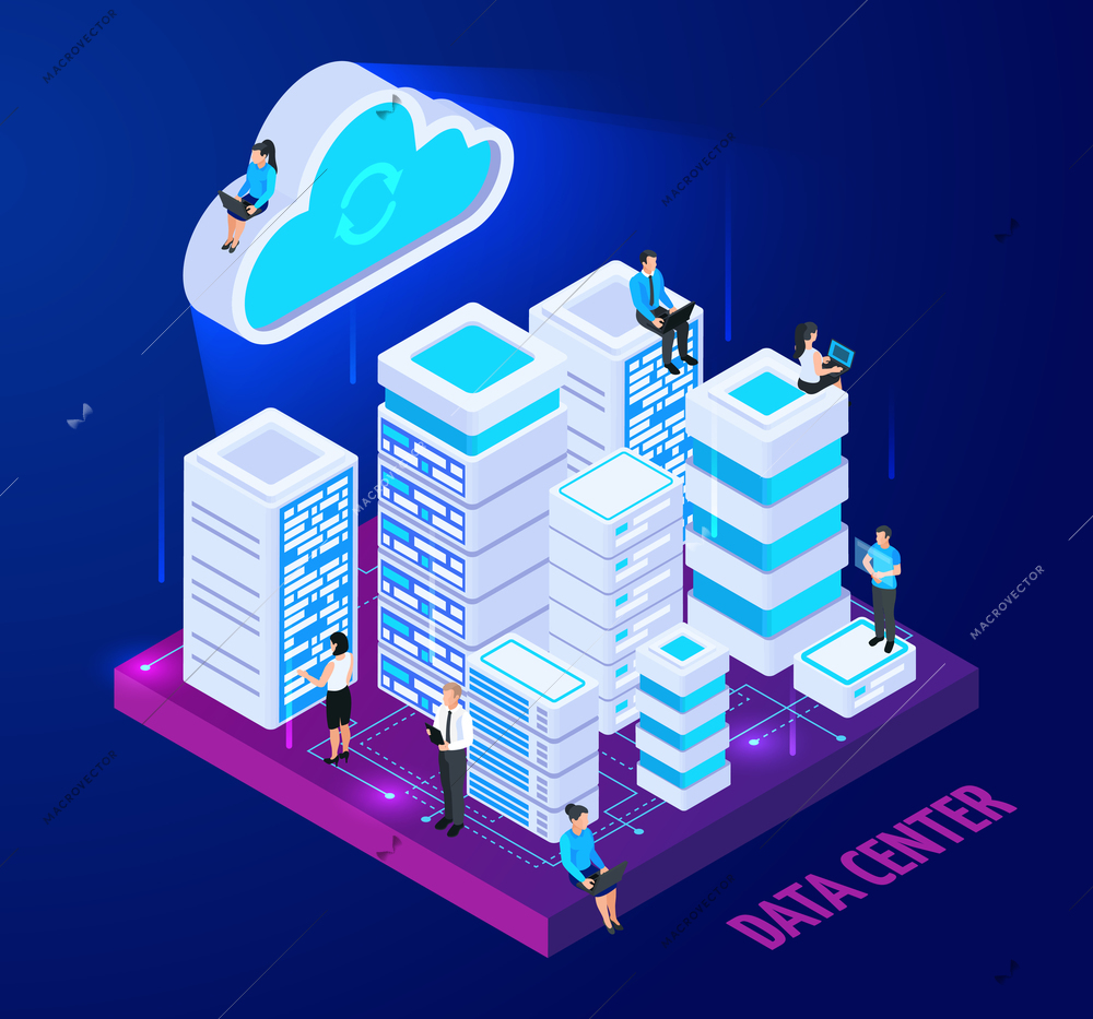 Cloud services isometric conceptual composition with images of server racks and little people characters with text vector illustration